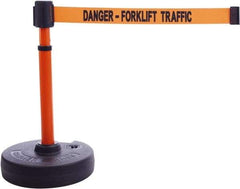 Banner Stakes - 22 to 42" High, 2-3/8" Pole Diam, Barrier Post Base & Stanchion - 9" Base Diam, Round Nylon Base, Orange Plastic Post, 15' x 2-1/2" Tape, For Outdoor Use - Apex Tool & Supply