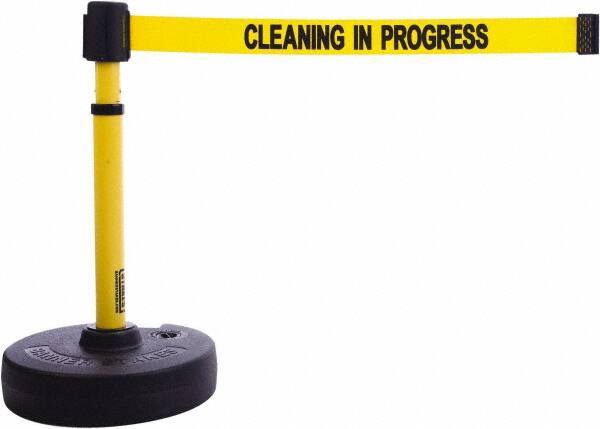 Banner Stakes - 22 to 42" High, 2-3/8" Pole Diam, Barrier Post Base & Stanchion - 9" Base Diam, Round Nylon Base, Yellow Plastic Post, 15' x 2-1/2" Tape, For Outdoor Use - Apex Tool & Supply