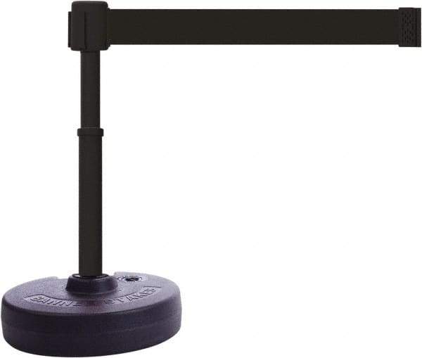 Banner Stakes - 22 to 42" High, 2-3/8" Pole Diam, Barrier Post Base & Stanchion - 9" Base Diam, Round Nylon Base, Black Plastic Post, 15' x 2-1/2" Tape, For Outdoor Use - Apex Tool & Supply