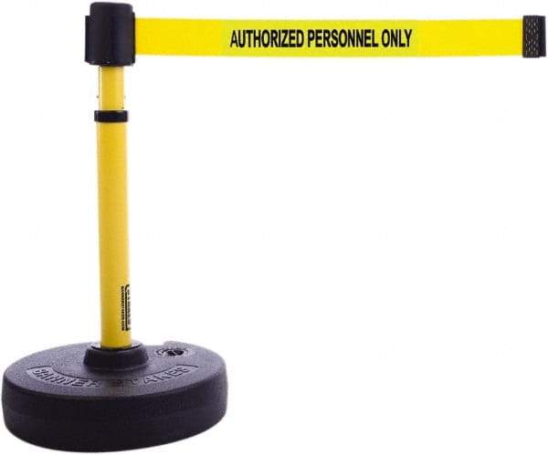 Banner Stakes - 22 to 42" High, 2-3/8" Pole Diam, Barrier Post Base & Stanchion - 9" Base Diam, Round Nylon Base, Yellow Plastic Post, 15' x 2-1/2" Tape, For Outdoor Use - Apex Tool & Supply