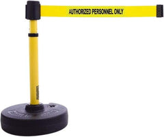 Banner Stakes - 22 to 42" High, 2-3/8" Pole Diam, Barrier Post Base & Stanchion - 9" Base Diam, Round Nylon Base, Yellow Plastic Post, 15' x 2-1/2" Tape, For Outdoor Use - Apex Tool & Supply