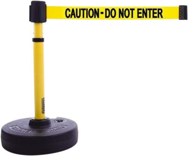 Banner Stakes - 22 to 42" High, 2-3/8" Pole Diam, Barrier Post Base & Stanchion - 9" Base Diam, Round Nylon Base, Yellow Plastic Post, 15' x 2-1/2" Tape, For Outdoor Use - Apex Tool & Supply