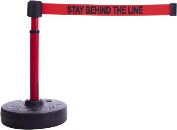 Banner Stakes - 22 to 42" High, 2-3/8" Pole Diam, Barrier Post Base & Stanchion - 9" Base Diam, Round Nylon Base, Red Plastic Post, 15' x 2-1/2" Tape, For Outdoor Use - Apex Tool & Supply