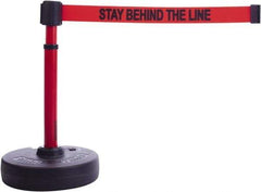 Banner Stakes - 22 to 42" High, 2-3/8" Pole Diam, Barrier Post Base & Stanchion - 9" Base Diam, Round Nylon Base, Red Plastic Post, 15' x 2-1/2" Tape, For Outdoor Use - Apex Tool & Supply