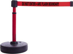 Banner Stakes - 22 to 42" High, 2-3/8" Pole Diam, Barrier Post Base & Stanchion - 9" Base Diam, Round Nylon Base, Red Plastic Post, 15' x 2-1/2" Tape, For Outdoor Use - Apex Tool & Supply