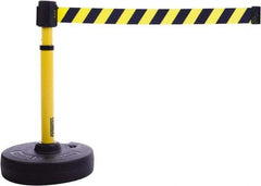 Banner Stakes - 22 to 42" High, 2-3/8" Pole Diam, Barrier Post Base & Stanchion - 9" Base Diam, Round Nylon Base, Yellow Plastic Post, 15' x 2-1/2" Tape, For Outdoor Use - Apex Tool & Supply