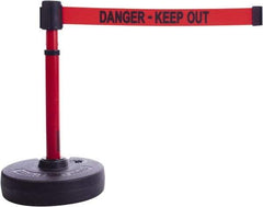 Banner Stakes - 22 to 42" High, 2-3/8" Pole Diam, Barrier Post Base & Stanchion - 9" Base Diam, Round Nylon Base, Red Plastic Post, 15' x 2-1/2" Tape, For Outdoor Use - Apex Tool & Supply
