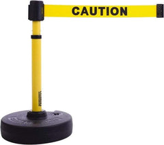 Banner Stakes - 22 to 42" High, 2-3/8" Pole Diam, Barrier Post Base & Stanchion - 9" Base Diam, Round Nylon Base, Yellow Plastic Post, 15' x 2-1/2" Tape, For Outdoor Use - Apex Tool & Supply