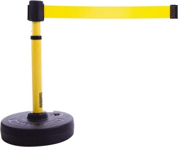 Banner Stakes - 22 to 42" High, 2-3/8" Pole Diam, Barrier Post Base & Stanchion - 9" Base Diam, Round Nylon Base, Yellow Plastic Post, 15' x 2-1/2" Tape, For Outdoor Use - Apex Tool & Supply