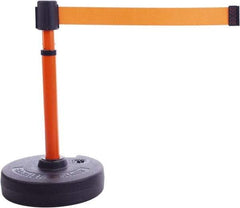 Banner Stakes - 22 to 42" High, 2-3/8" Pole Diam, Barrier Post Base & Stanchion - 9" Base Diam, Round Nylon Base, Orange Plastic Post, 15' x 2-1/2" Tape, For Outdoor Use - Apex Tool & Supply