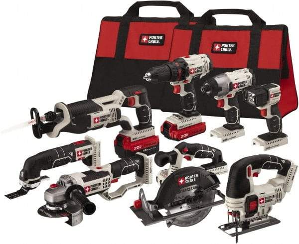 Porter-Cable - 20 Volt Cordless Tool Combination Kit - Includes 1/2" Drill/Driver, 1/4" Impact Driver, 6-1/2" Circular Saw, Reciprocating Tiger Saw, Jig Saw, Oscillating Multi-Tool, Cut-Off Tool/Grinder & Flashlight, Lithium-Ion Battery Included - Apex Tool & Supply
