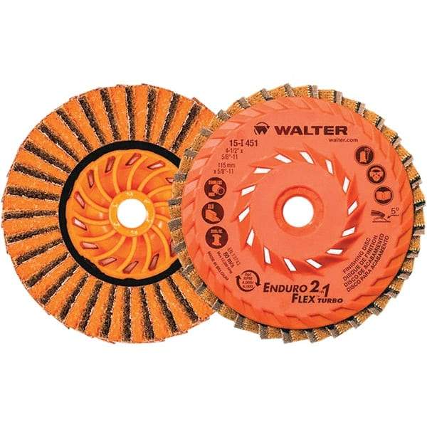 WALTER Surface Technologies - 4-1/2" Disc Diam, 5/8-11 Center Hole, Type 27 Ceramic Flap Disc - 13,300 Max RPM, Plastic Backing, Arbor Attaching System, Non-Woven - Apex Tool & Supply