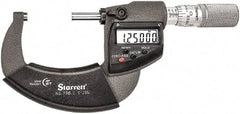Starrett - 1 to 2" Range, Standard Throat IP67 Electronic Outside Micrometer - Friction Thimble, Carbide Face, CR2032 Battery - Apex Tool & Supply