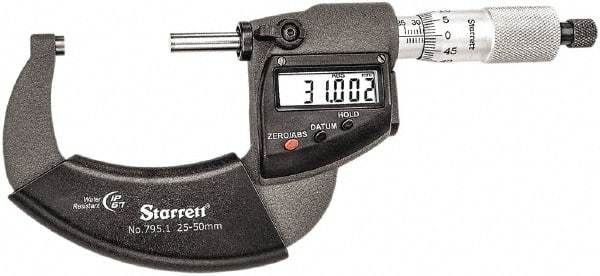 Starrett - Standard Throat IP67 Electronic Outside Micrometer - Ratchet Stop Thimble, Carbide Face, CR2032 Battery - Apex Tool & Supply