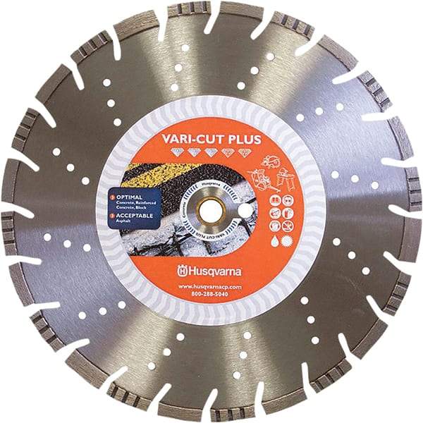 Husqvarna - 14" Diam, 25/32 & 1" Arbor Hole Diam, Continuous Edge Tooth Wet & Dry Cut Saw Blade - Diamond-Tipped, General Purpose Action, Standard Round Arbor - Apex Tool & Supply