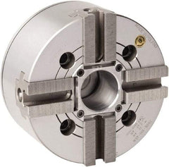 Bison - 4 Jaw, 12.4" Chuck Diam, Plain Back Mount, 91mm Through Hole Diam, Drawtube Hydraulic Power Lathe Chuck - 1.5mm x 60° Serrated Jaw Interface, 1.5748 to 11.9291" Jaw Capacity, 2,800 RPM, High Speed Steel Body - Apex Tool & Supply