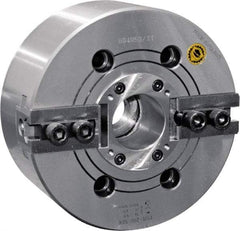 Bison - 2 Jaw, 5.31" Chuck Diam, Plain Back Mount, 34mm Through Hole Diam, Drawtube Hydraulic Power Lathe Chuck - 1.5mm x 60° Serrated Jaw Interface, 0.3149 to 5.3149" Jaw Capacity, 7,000 RPM, High Speed Steel Body - Apex Tool & Supply