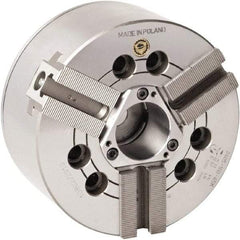 Bison - 3 Jaw, 10" Chuck Diam, Plain Back Mount, 75mm Through Hole Diam, Drawtube Hydraulic Power Lathe Chuck - 1.5mm x 60° Serrated Jaw Interface, 0.8661 to 9.8031" Jaw Capacity, 4,200 RPM, High Speed Steel Body - Apex Tool & Supply