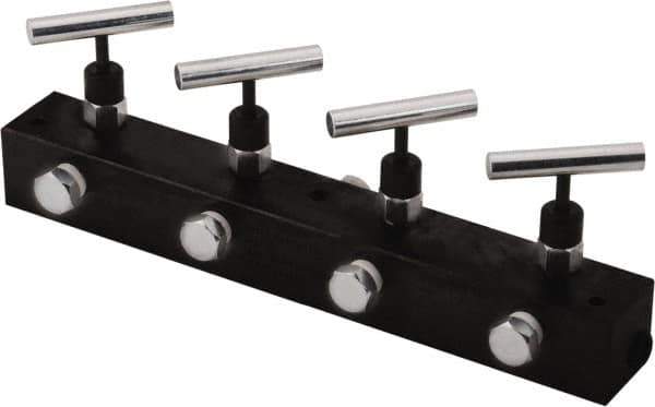Value Collection - 3/8" Inlet, 3/8" Outlet Manifold with Four Needle Valves - 12" Long x 1.62" Wide x 4.13" High, 0.28" Mount Hole, 212°F Max, 10,000 Max PSI, 4 Inlet Ports, 4 Outlet Ports - Apex Tool & Supply