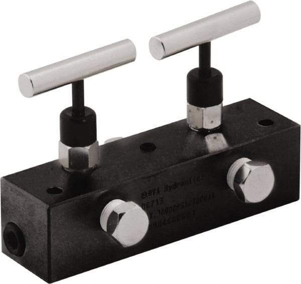 Value Collection - 3/8" Inlet, 3/8" Outlet Manifold with Two Needle Valves - 6" Long x 1-5/8" Wide x 4.13" High, 0.28" Mount Hole, 212°F Max, 10,000 Max PSI, 2 Inlet Ports, 2 Outlet Ports - Apex Tool & Supply