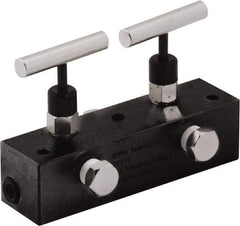 Value Collection - 3/8" Inlet, 3/8" Outlet Manifold with Two Needle Valves - 6" Long x 1-5/8" Wide x 4.13" High, 0.28" Mount Hole, 212°F Max, 10,000 Max PSI, 2 Inlet Ports, 2 Outlet Ports - Apex Tool & Supply