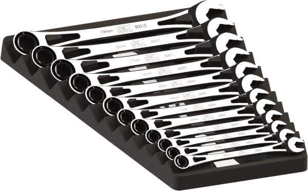SK - 12 Piece, 8mm to 19mm, 6 Point Ratcheting Combination Wrench Set - Metric Measurement Standard, Full Polish Chrome Finish, Comes in Plastic Tray - Apex Tool & Supply