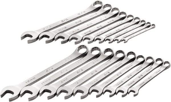 SK - 18 Piece, 1/4" to 3/4" (10mm to 18mm), 12 Point Combination Wrench Set - Inch/Metric Measurement Standard, Full Polish Chrome Finish, Comes in Roll-Up Pouch - Apex Tool & Supply