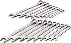 SK - 18 Piece, 1/4" to 3/4" (10mm to 18mm), 12 Point Combination Wrench Set - Inch/Metric Measurement Standard, Full Polish Chrome Finish, Comes in Roll-Up Pouch - Apex Tool & Supply