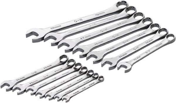 SK - 14 Piece, 6mm to 19mm, 12 Point Combination Wrench Set - Metric Measurement Standard, Full Polish Chrome Finish, Comes in Roll-Up Pouch - Apex Tool & Supply