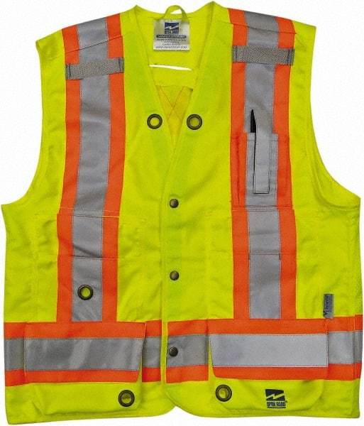 Viking - Size M High Visibility Lime Solid Surveyor's Vest - 40" Chest, CSA Z96-09 Class 2, Level 2, ANSI 107-2010 Class 2, Level 2, Snaps Closure, 8 Pockets, Polyester - Apex Tool & Supply