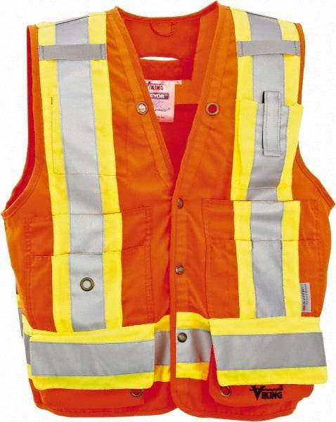 Viking - Size M High Visibility Orange Solid Surveyor's Vest - 40" Chest, Snaps Closure, 13 Pockets, Polyester - Apex Tool & Supply