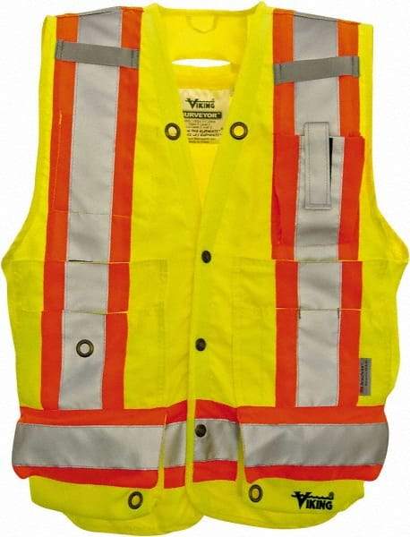Viking - Size XL High Visibility Lime Solid Surveyor's Vest - 47" Chest, Snaps Closure, 13 Pockets, Polyester - Apex Tool & Supply