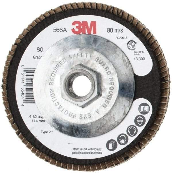 3M - 80 Grit, 4-1/2" Disc Diam, 5/8-11 Center Hole, Type 29 Zirconia Alumina Flap Disc - 13,300 Max RPM, Cloth Backing, Arbor Attaching System, Coated - Apex Tool & Supply