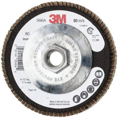 3M - 80 Grit, 4-1/2" Disc Diam, 5/8-11 Center Hole, Type 29 Zirconia Alumina Flap Disc - 13,300 Max RPM, Cloth Backing, Arbor Attaching System, Coated - Apex Tool & Supply