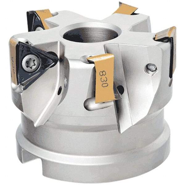 Iscar - 3 Inserts, 50mm Cut Diam, 22mm Arbor Diam, 13mm Max Depth of Cut, Indexable Square-Shoulder Face Mill - 0/90° Lead Angle, 40mm High, HM390 TDKT 1505 Insert Compatibility, Through Coolant, Series HeliIQMill - Apex Tool & Supply