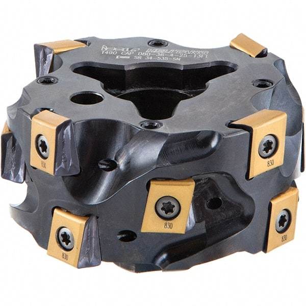 Iscar - 9 Inserts, 63mm Cut Diam, 36mm Max Depth of Cut, Indexable Square-Shoulder Face Mill - 0/90° Lead Angle, T490 LN.. 1306 Insert Compatibility, Through Coolant, Series Helitang - Apex Tool & Supply