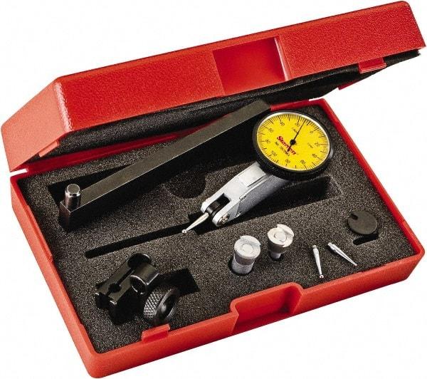 Starrett - 0.2 mm Range, 0.002 mm Dial Graduation, Horizontal Dial Test Indicator - 1-1/4 Inch Yellow Dial, 0-100-0 Dial Reading - Apex Tool & Supply