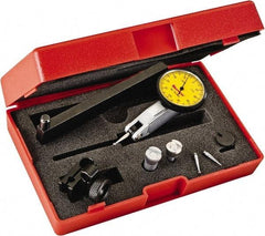 Starrett - 0.2 mm Range, 0.002 mm Dial Graduation, Horizontal Dial Test Indicator - 1-1/4 Inch Yellow Dial, 0-100-0 Dial Reading - Apex Tool & Supply