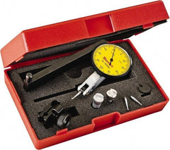 Starrett - 0.2 mm Range, 0.002 mm Dial Graduation, Horizontal Dial Test Indicator - 1-9/16 Inch Yellow Dial, 0-100-0 Dial Reading - Apex Tool & Supply