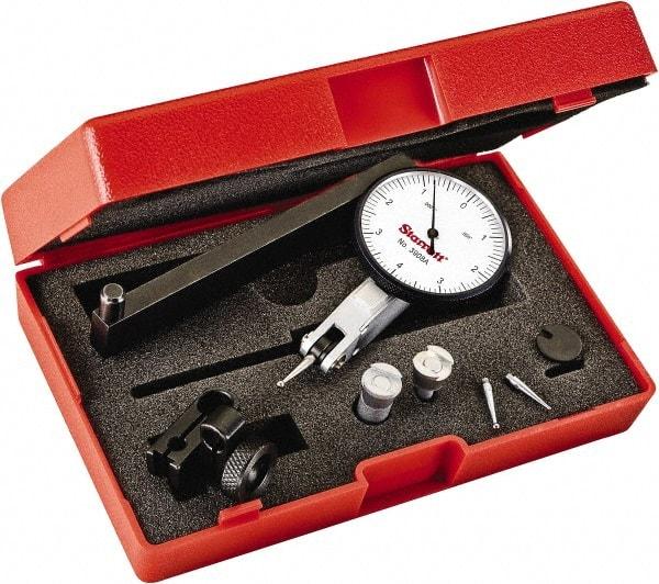 Starrett - 0.008 Inch Range, 0.0001 Inch Dial Graduation, Horizontal Dial Test Indicator - 1-9/16 Inch White Dial, 0-4-0 Dial Reading - Apex Tool & Supply