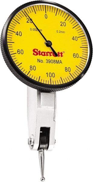 Starrett - 0.2 mm Range, 0.002 mm Dial Graduation, Horizontal Dial Test Indicator - 1-9/16 Inch Yellow Dial, 0-100-0 Dial Reading - Apex Tool & Supply