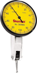 Starrett - 0.2 mm Range, 0.002 mm Dial Graduation, Horizontal Dial Test Indicator - 1-9/16 Inch Yellow Dial, 0-100-0 Dial Reading - Apex Tool & Supply