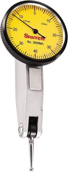 Starrett - 0.8 mm Range, 0.01 mm Dial Graduation, Horizontal Dial Test Indicator - 1-1/4 Inch Yellow Dial, 0-40-0 Dial Reading - Apex Tool & Supply
