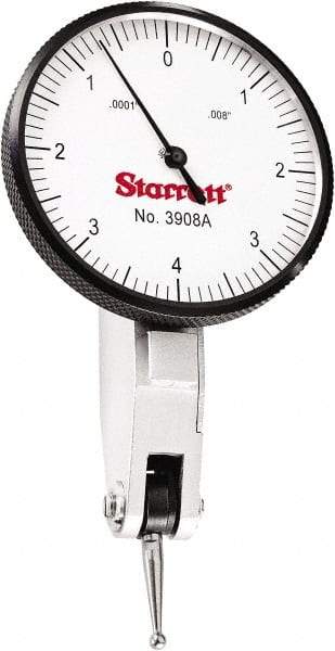 Starrett - 0.008 Inch Range, 0.0001 Inch Dial Graduation, Horizontal Dial Test Indicator - 1-9/16 Inch White Dial, 0-4-0 Dial Reading - Apex Tool & Supply