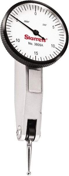 Starrett - 0.03 Inch Range, 0.0005 Inch Dial Graduation, Horizontal Dial Test Indicator - 1-1/4 Inch White Dial, 0-15-0 Dial Reading - Apex Tool & Supply