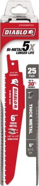 Freud - 6" Long x 1" Thick, Bi-Metal Reciprocating Saw Blade - Tapered Profile, 8 to 10 TPI, Toothed Edge, Tang Shank - Apex Tool & Supply