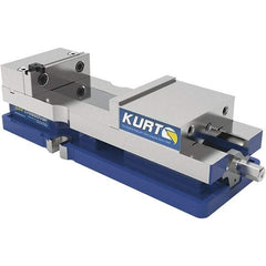 Kurt - 4" Jaw Width, 6-1/2" Jaw Opening Capacity, Horizontal Stationary Machine Vise - Reverse Manual Operation, 60 Lb Capacity, 1 Station, 14.56" Long x 84.47mm High x 1-15/64" Deep, 1.235" Jaw Height, 7,500 Lb Max Clamp Force, Ductile Iron - Apex Tool & Supply