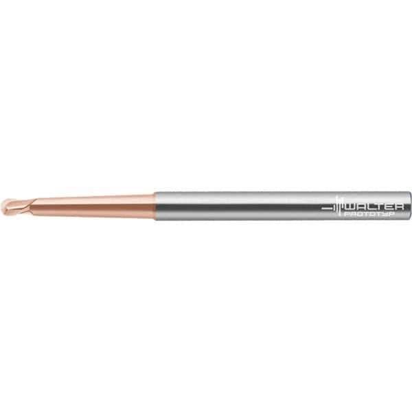 Walter-Prototyp - 1mm Diam, 0.8mm LOC, 2 Flute Solid Carbide Ball End Mill - AlTiN Finish, Single End, 57mm OAL, 6mm Shank Diam, Spiral Flute - Apex Tool & Supply