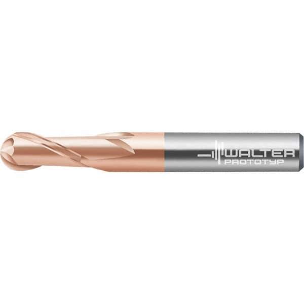 Walter-Prototyp - 8mm Diam, 6.4mm LOC, 2 Flute Solid Carbide Ball End Mill - AlTiN Finish, Single End, 63mm OAL, 8mm Shank Diam, Spiral Flute - Apex Tool & Supply