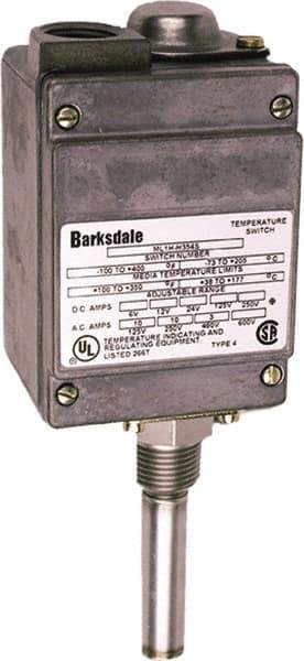Barksdale - -50 to 75°F Local Mount Temperature Switch - 1/2" NPT, 9/16 x 2-25/32 Rigid Stem, 304 Stainless Steel, ±1% of mid-60% of F.S. - Apex Tool & Supply